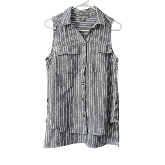 Sharagano Tops - Sharagano Sleeveless Linen Blend Striped Top Size M Button Up High Low